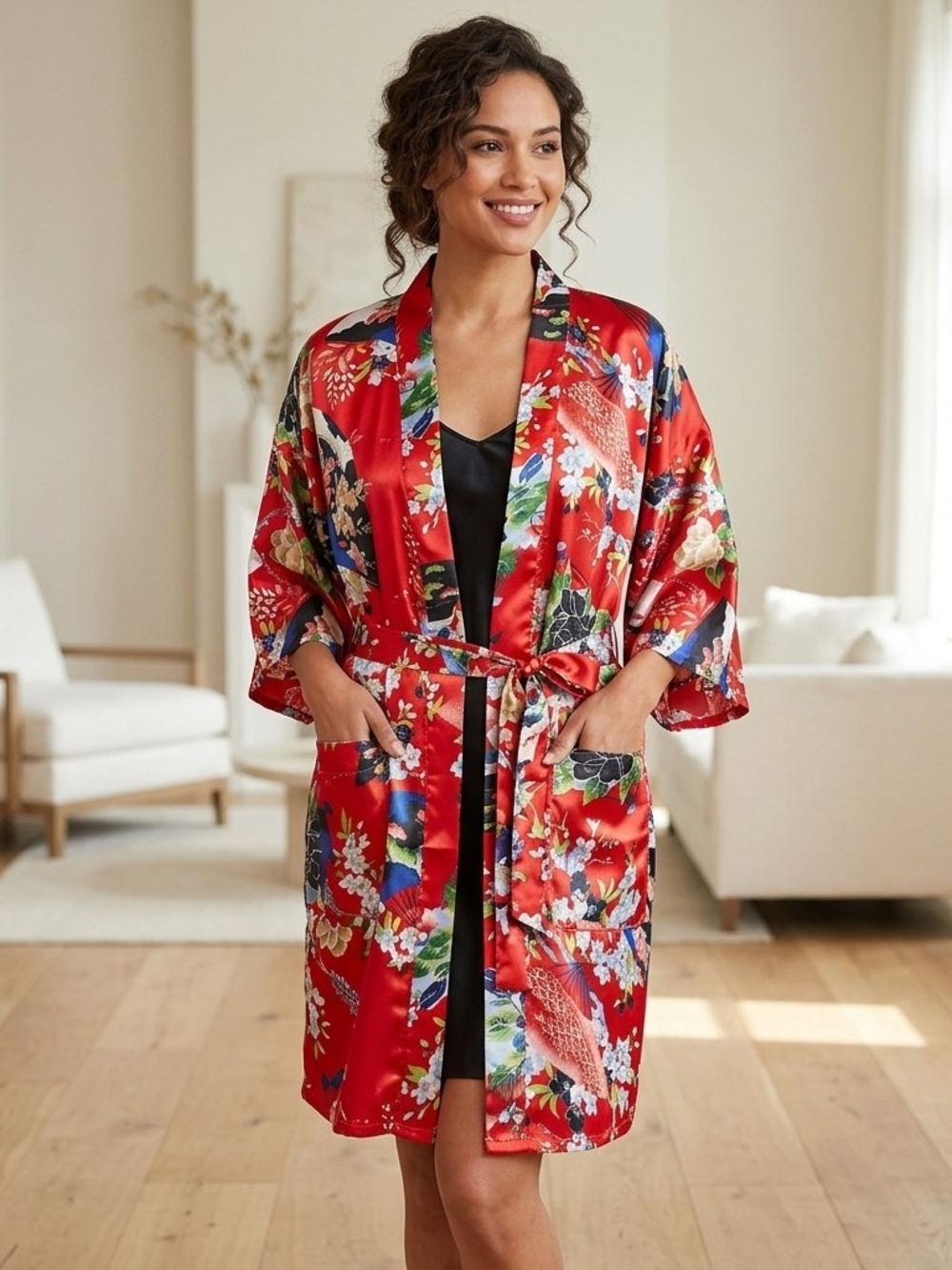 EUC Satin Floral Red Kimono Robe with Tie Waist